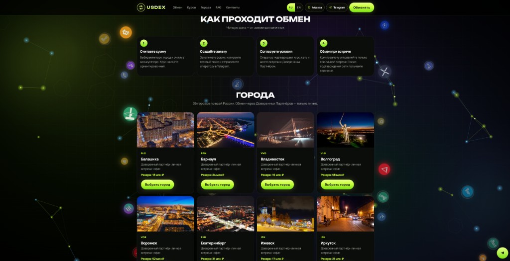 USDEX — шаги обмена и города